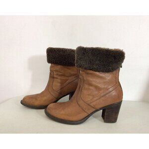 Brown Leather Boots Faux Fur Trim Womens 6